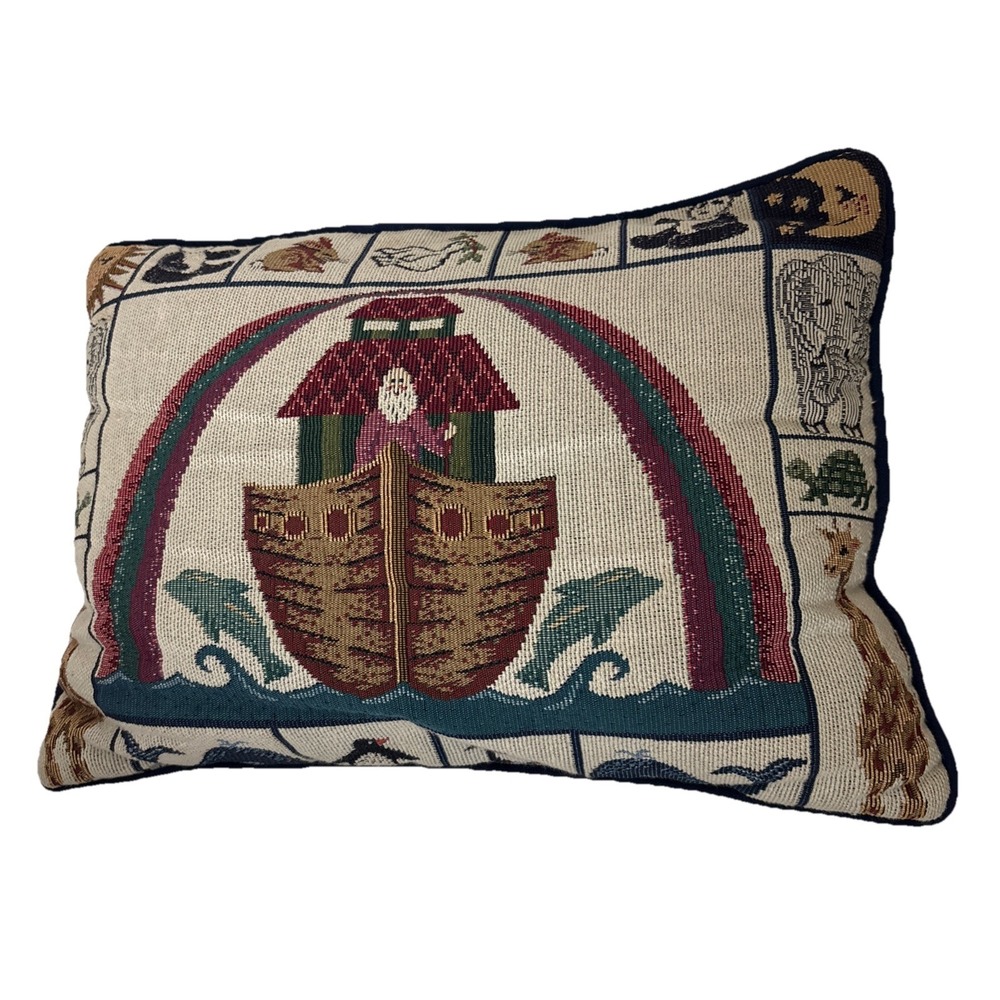 Vintage Throw Pillow Noahs Ark Tapestry riverdale 9x15" approx boat animals